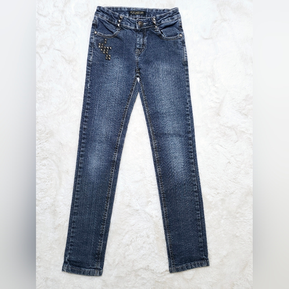ROCAWEAR Y2K Girls Size 10 Skinny Blue Jeans Distressed Embellished Metal Decora